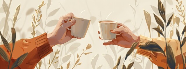 Two hands clinking coffee cups amidst a backdrop of autumn foliage