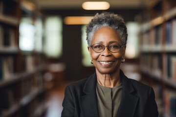 Fototapeta premium Portrait of a smiling senior African American woman in a library