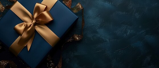 Ein edel verpacktes blaues Geschenk mit goldener Schleife 