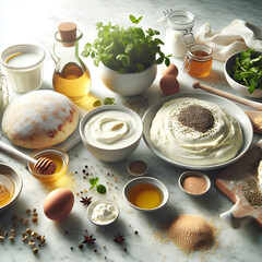 Fototapeta na wymiar White Marble Kitchen Counter with Zalabia Ingredients