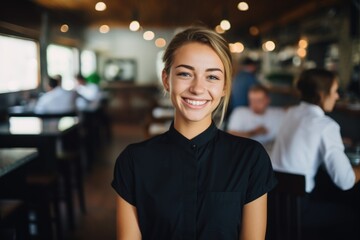 Smiling portrait of a young waitress in cafe or bar