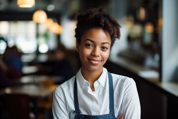 Smiling portrait of a young waitress in cafe or bar