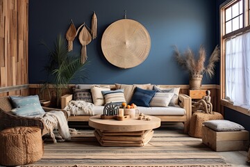 Nautical Color Schemes in Boho Studio: Woven Rugs & Rustic Wooden Features