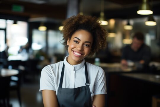 Smiling portrait of a young waitress in cafe or bar