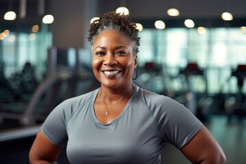 Smiling portrait of a body positive senior woman in the gym - obrazy, fototapety, plakaty