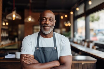 Obraz premium Portrait of a middle aged African American Cafe Owner Smiling in Coffee Shop
