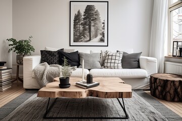 Nordic Elegance: Black & White Tranquility - Cozy Apartment Design with Wood and Textile Accents