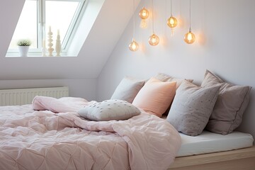 Nordic Bedroom Enchantment: Colorful Lantern Lighting, Pastel Textiles, Minimalist Decor