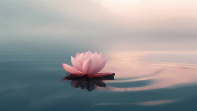 Tranquil and minimalist scene depicting a single lotus flower gracefully floating on the serene surface of calm, still water.