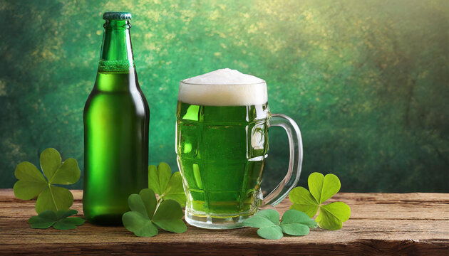 St Patrick's Day, Green Beer In Glass With Bottle And Clovers On Wooden Table 