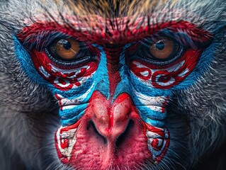 A monkey with blue, red and white paint on its face