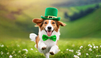 Cute dog wearing green hat and bow tie running in the grass. St Patrick's Day celebration - obrazy, fototapety, plakaty