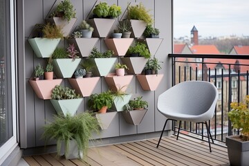 Nordic Flat Urban Balcony Garden: Grid Wall Decor & Pastel Pots