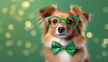 Cute dog wearing green bow tie and glasses on green background. St Patrick's Day celebration
