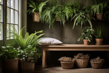 Nordic Entryway Oasis: Fern and Orchid Displays by Wooden Bench