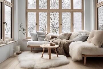 Nordic Plantation Shutter Windows & Fur Rugs Home: Light Wooden Furnishings Delight