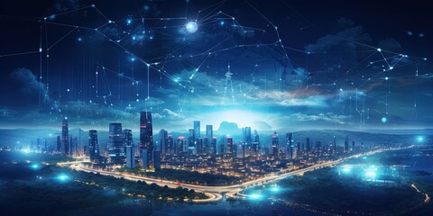 Digital city with high speed information and power grid. Digital community, smart society. DX, Iot, urban and rural nature areas digital network. digital society concept.