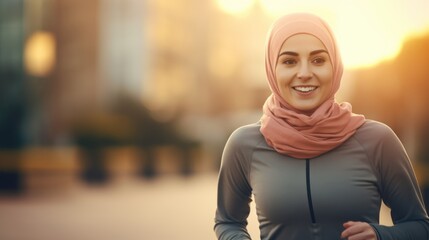 A captivating woman in a tracksuit and hijab exudes diversity and embraces a Middle Eastern healthy lifestyle through running.
