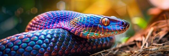 Colorful fantasy multicolored snake close up, snake curled up, banner