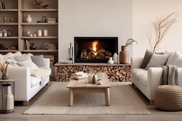 Nordic Living Room: Wooden and Clay Decor Items Enhance White Sofa and Fireplace Ambiance