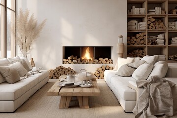 Cozy Nordic Living Room: Wood and Clay Decor with White Sofa and Fireplace Accents