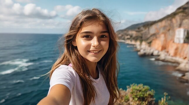 Happy young girl taking a selfie on the ocean shore, Happy female tourist smiling at the camera outside. Tourist traveling to tropical countries, woman taking selfie on the seashore