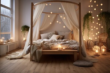 Nordic Style Bedroom: Dreamy Canopy Beds & Round Wooden Side Tables - obrazy, fototapety, plakaty