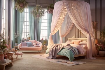 idyllic Nordic fairy-tale room with pastel canopy beds by the window - obrazy, fototapety, plakaty