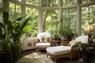 Fototapeta premium Nordic Villa's Enchanting Solarium: Floor-to-Ceiling Windows, Fern and Orchid Gardens