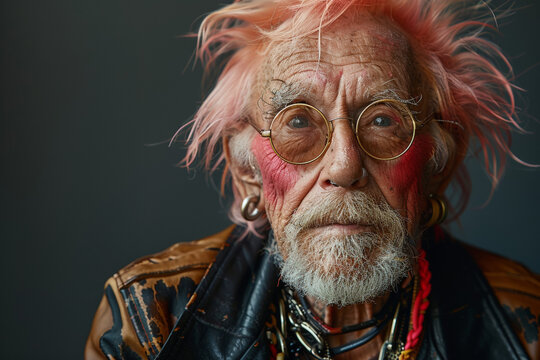 Elderly ageing punk with pink hair, glasses, piercings and painted leather jacket 