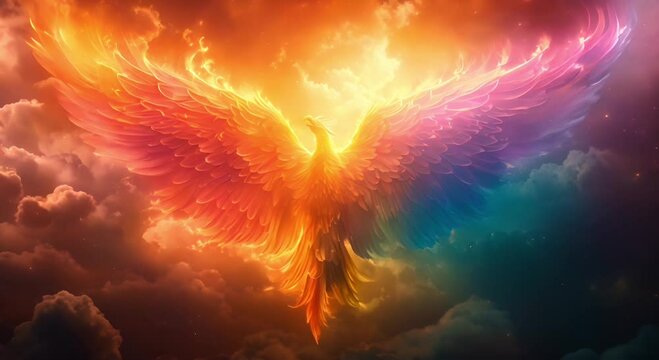 Rainbow colored phoenix rising from the ashes, symbolizing the resilience, strength, and transformative power of the LGBTQ community in overcoming adversity and discrimination