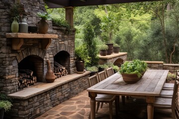 Fototapeta premium Rustic Stone Oven Oasis: Outdoor Entertainment Space Floored by Greenery