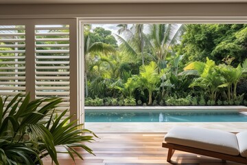 Fototapeta premium Plantation Shutter Windows in Modern Villa: Sliding Doors and Breathtaking Pool View