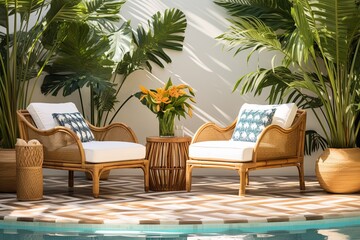 Fototapeta premium Wave-Patterned Tiles Poolside Oasis: Rattan Seating & Tropical Plant Decor