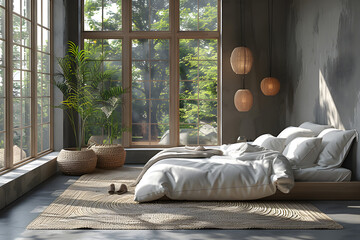 A minimalist bedroom. Monochrome interior design.