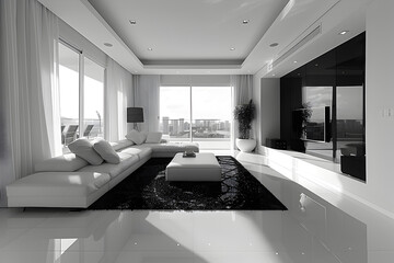 A sleek and minimalistic living room. Black and white interior design.