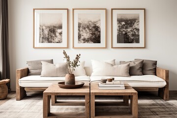Fototapeta na wymiar Reclaimed Material Art Displays in Scandinavian Living Room: Rustic Wood Frames vs. Minimalist Decor