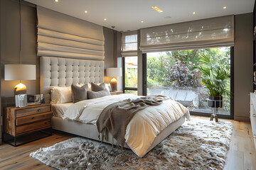 A contemporary bedroom. Monochromatic interior design.