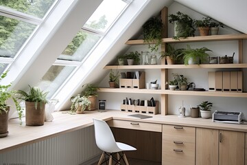 Reclaimed Wood Desks: Nordic Home Office with White Shelving and Green Plants - obrazy, fototapety, plakaty