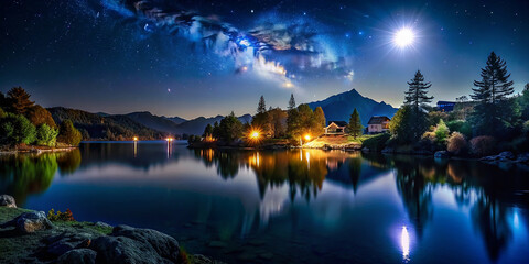 Fototapeta premium night landscape, stars, lights, house