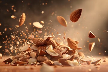 a pile of almonds falling into the air