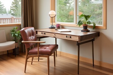Fototapeta premium Revamped Wooden Table with Leather Chair in Mid-Century Home Office Setting