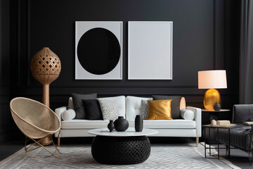 A contemporary living area showcasing an empty white frame against a backdrop of rich, charcoal walls, complemented by sleek furniture and a tasteful array of bright, contrasting ornaments.
