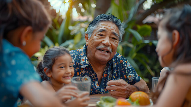 Hispanic grandfather sharing a joyful outdoor meal with his grandchildren, surrounded by tropical greenery and family laughter.