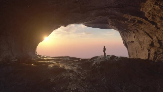 Hiker inside cave looking at sunrise above clouds, adventurous man watching sun rising and shining through clouds. 3D animation.