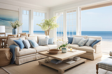 A contemporary living room immersed in the coastal charm of summer, with marine blues and sandy neutrals creating a tranquil retreat against the backdrop of panoramic windows
