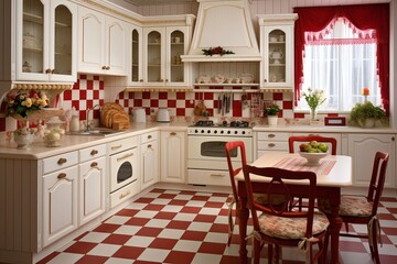 Fototapeta na wymiar Retro Red and White Country Style Kitchen: Classic Tiles & White Cabinetry