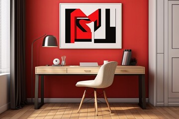 Retro Red and White Minimalist Office: Sleek Desk with Art Poster