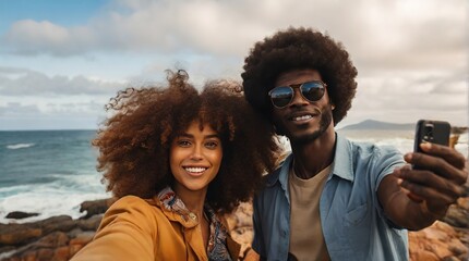 young happy couple traveling together in beautiful nature and taking selfie,young girl and guy traveling and taking photos on the sea or ocean shore
