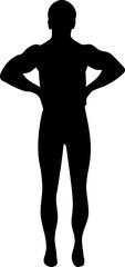 A vector illustration featuring the black silhouette of a muscular, athletic man against a white background. The image exudes strength, dynamism, and athleticism, showcasing his toned physique and ene